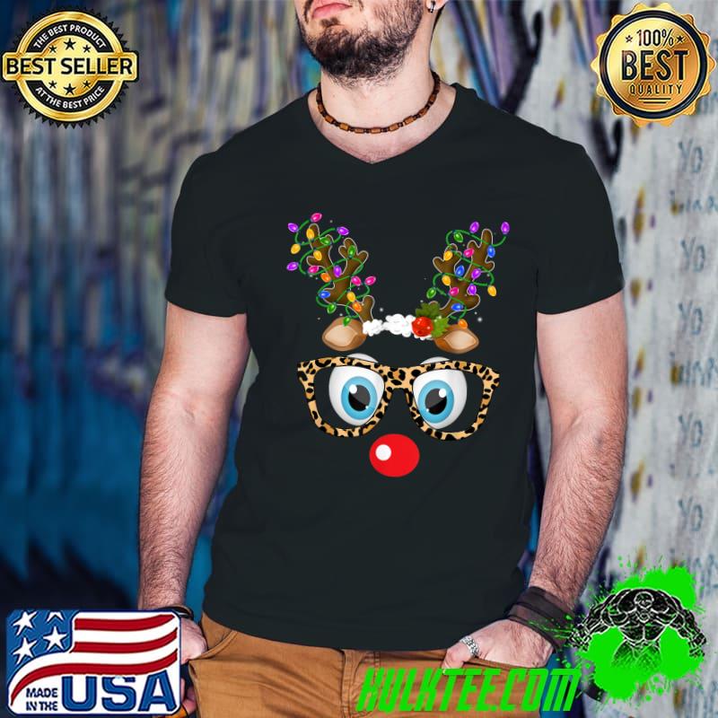 Reindeer Face Leopard Glasses Matching Family Christmas LightsT-Shirt
