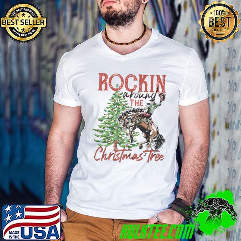 Rockin' Around Christmas Tree Cowboy Xmas Design Retro T-Shirt