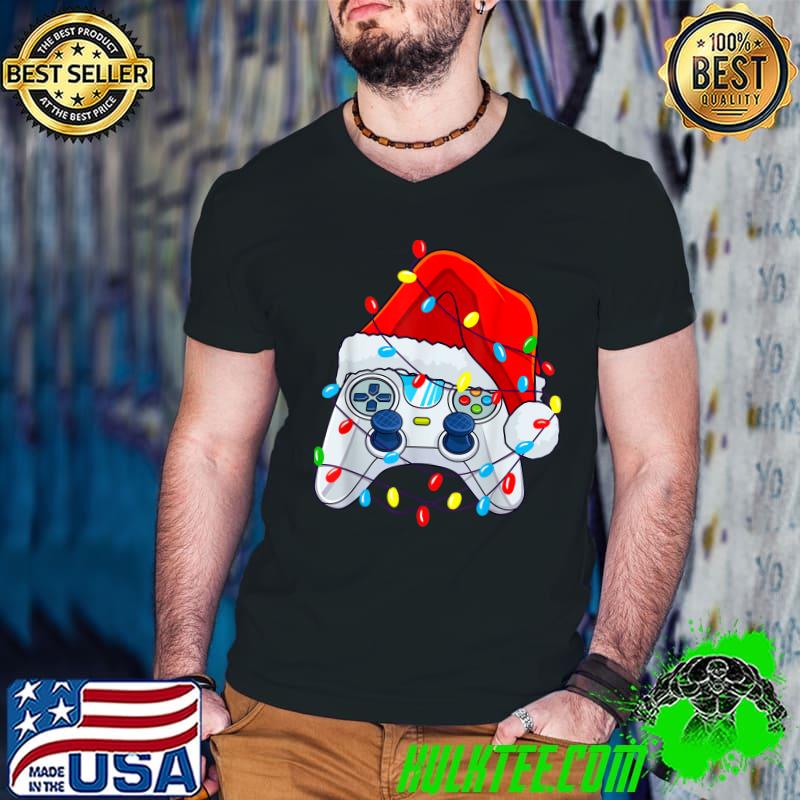 Video Game Controller Lights Santa Hat Gamer Christmas T-Shirt