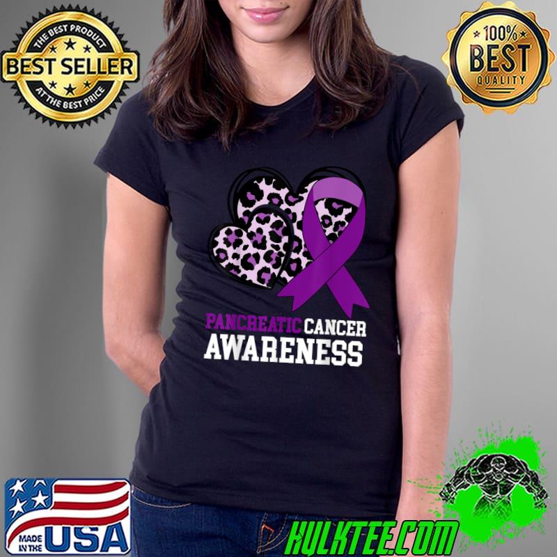 We Wear Purple For Pancreatic Cancer Awareness Heart Leopard T-Shirt Ladies Tee We Wear Purple For Pancreatic Cancer Awareness Heart Leopard T-Shirt Ladies Tee