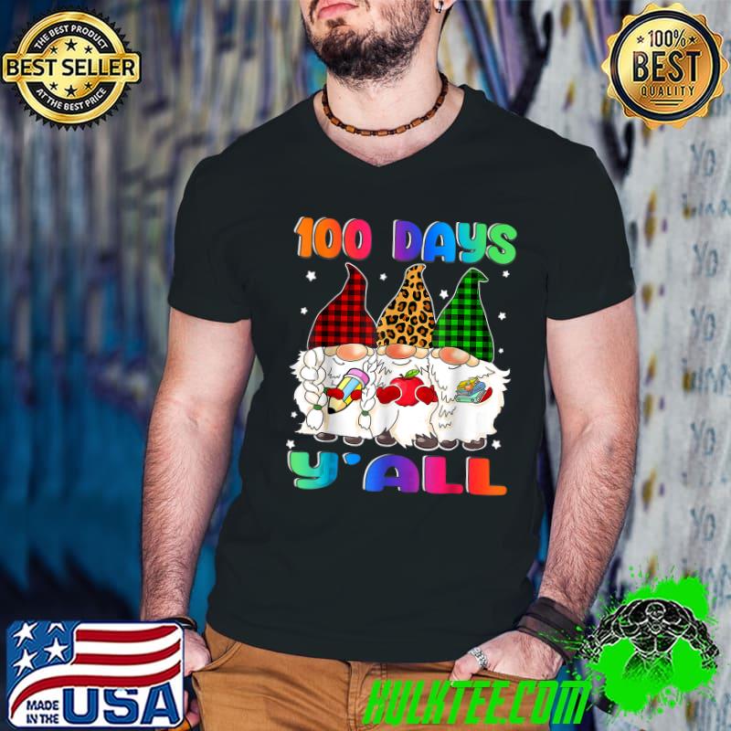 100 Days Y'all Gnome Plaid And Leopard Colors Teacher 100th Day Of School Gift T-Shirt