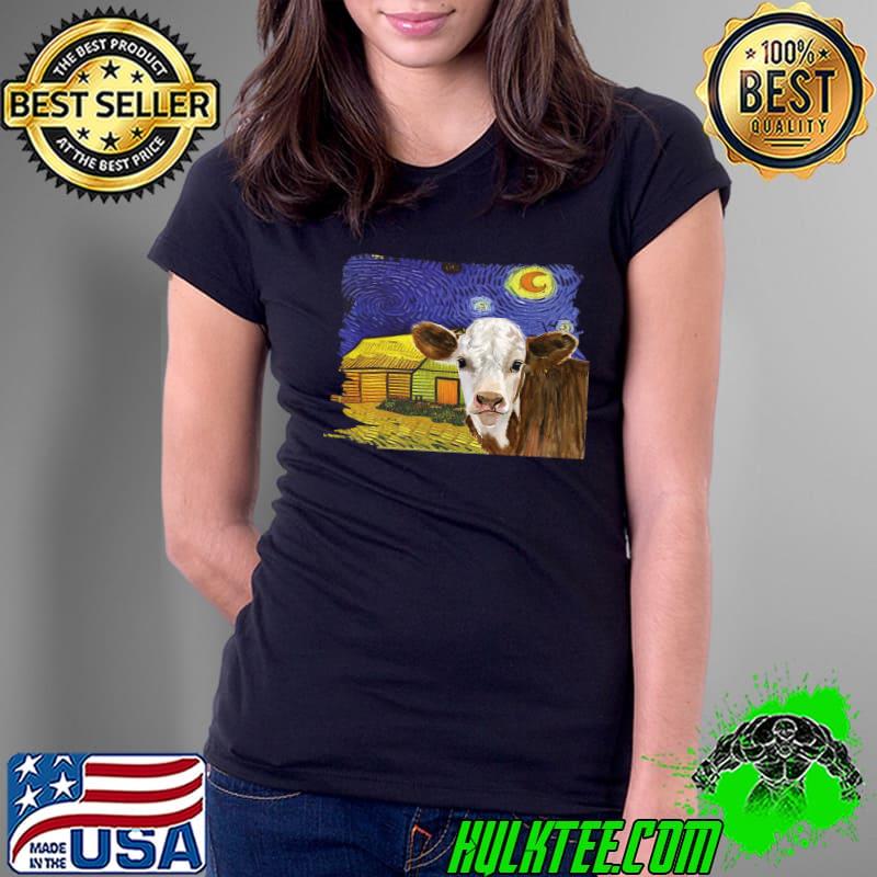 Calf and farm starry night scene farming T-Shirt