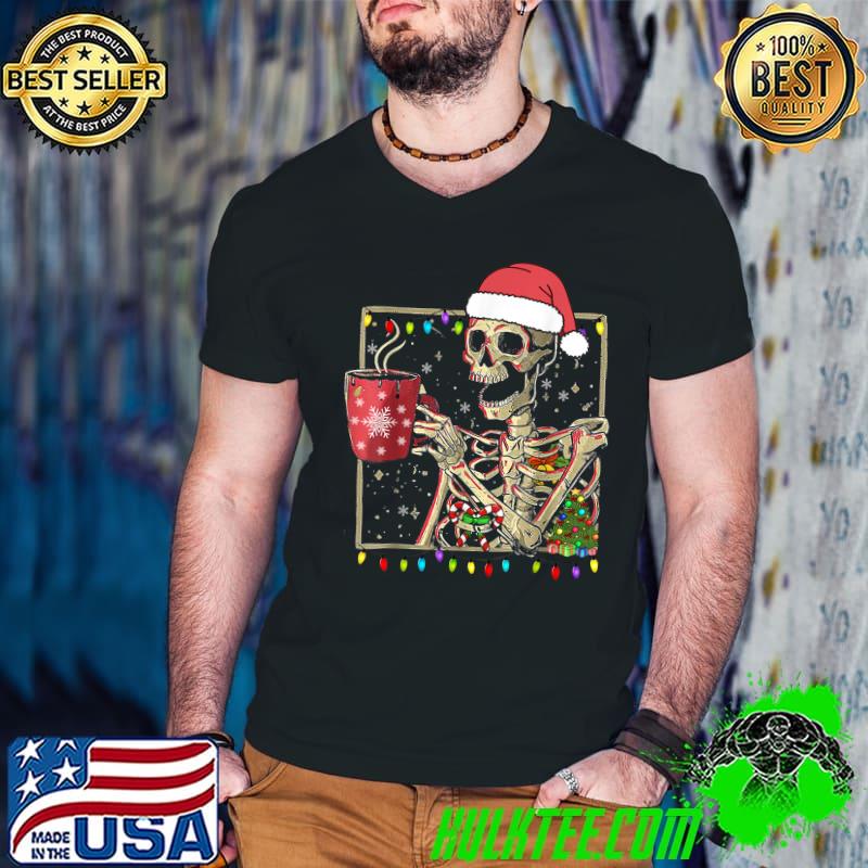Christmas Skeleton With Smiling Skull Drinking Coffee Latte Lights Santa Hat T-Shirt