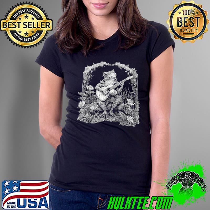 Cottagecore Frog Playing Acoustic Guitar Flowers T-Shirt Ladies Tee Cottagecore Frog Playing Acoustic Guitar Flowers T-Shirt Ladies Tee