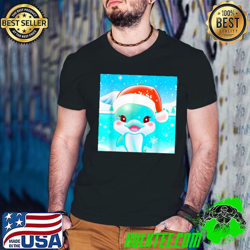 Cute Kawaii Dolphin In Winter With Christmas Hat Santa Clause T-Shirt