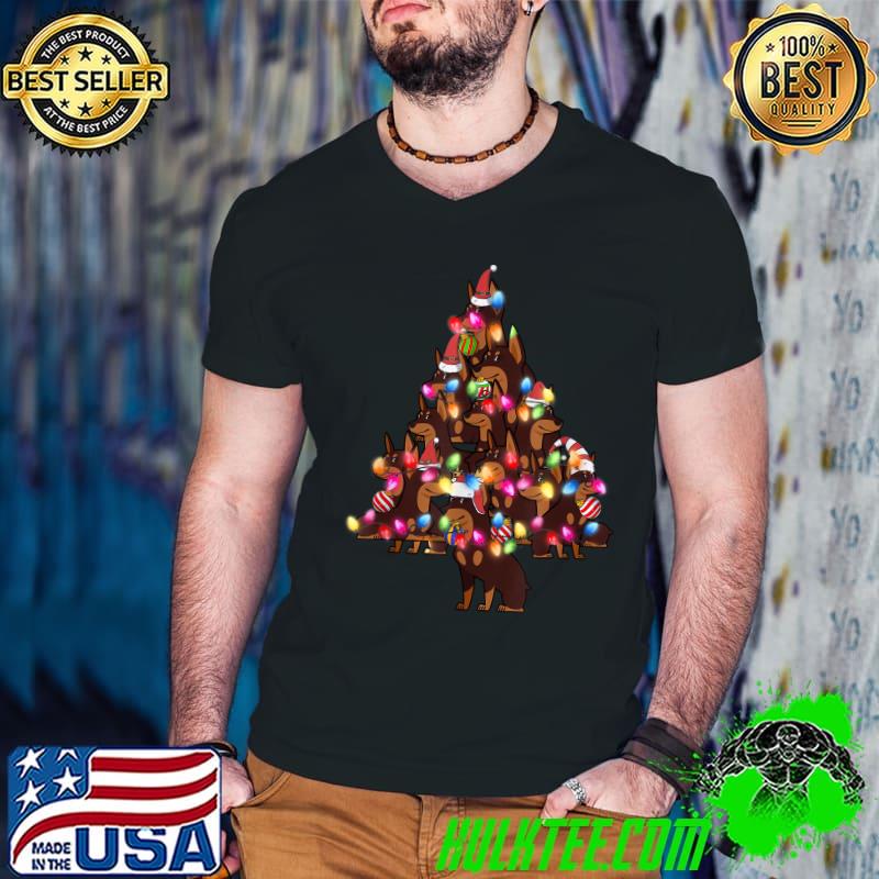 Doberman Dog Lover Lights Cute Hat Xmas Tree Pile T-Shirt