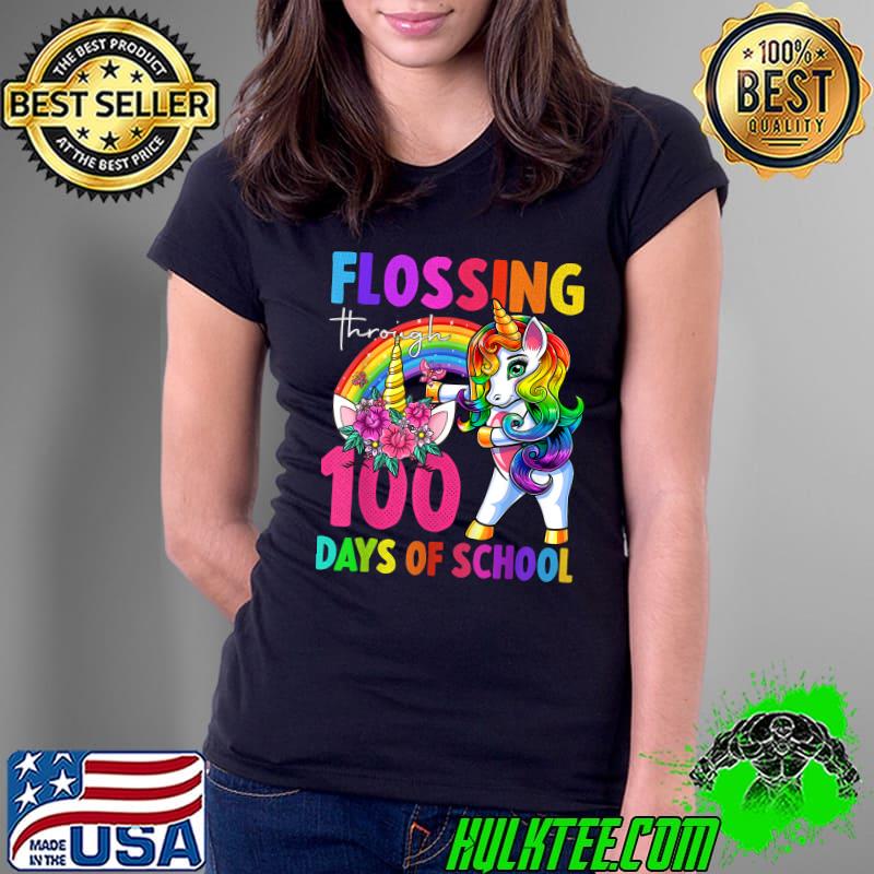 Flossing Through 100 Days Of School Flowers Rainbow Unicorn Lover T-Shirt