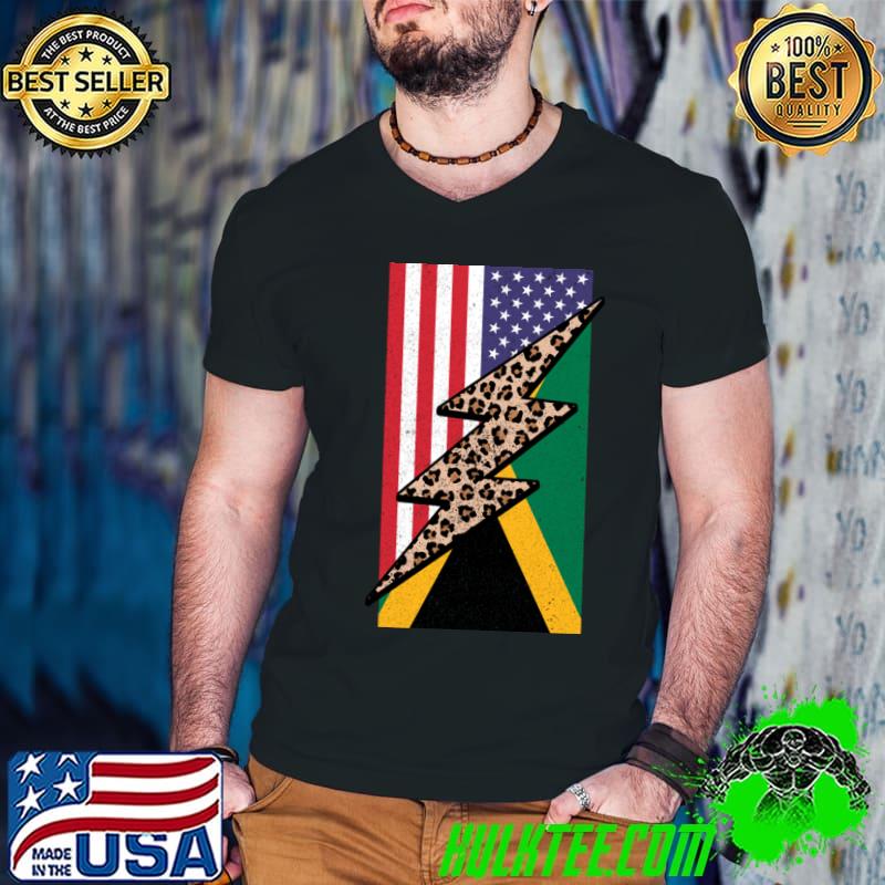 Half American Half Jamaican Leopard Print Jamaica Flag T-Shirt