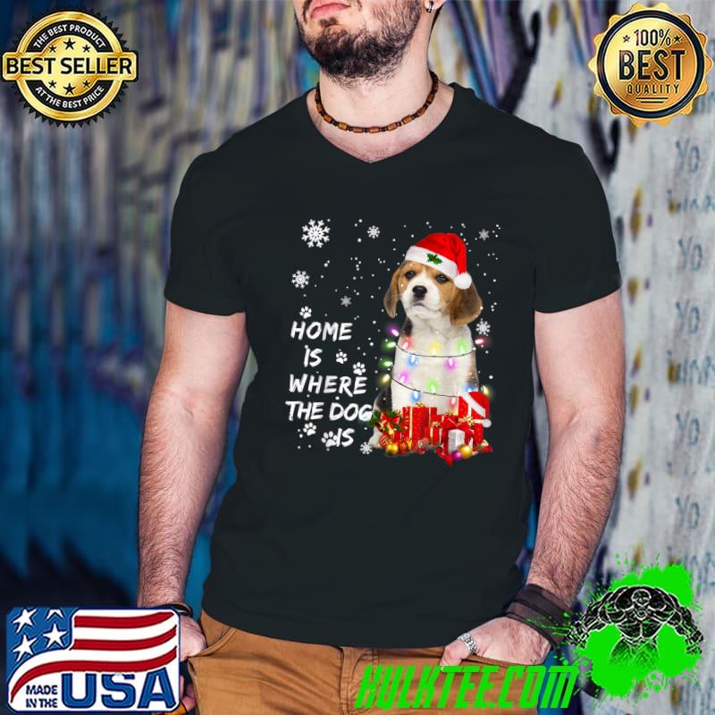 Home Is Where The Dog Is Beagle Santa Christmas Tree Lights Xmas Boys Dog T-Shirt