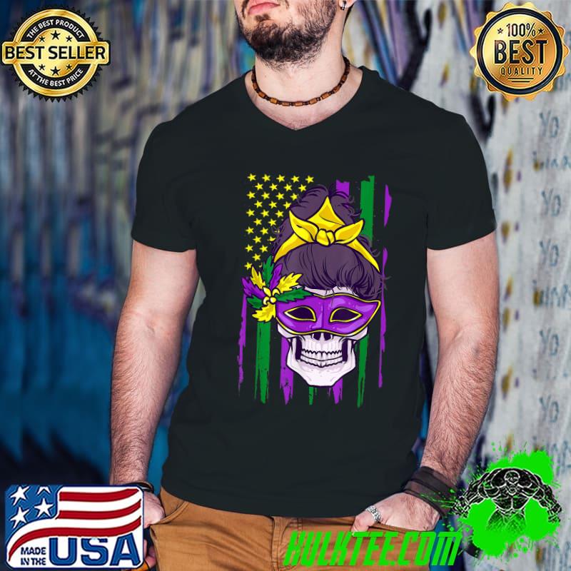 Mardi Gras Masked Messy Bun Mom Skull Colorful American Flag T-Shirt