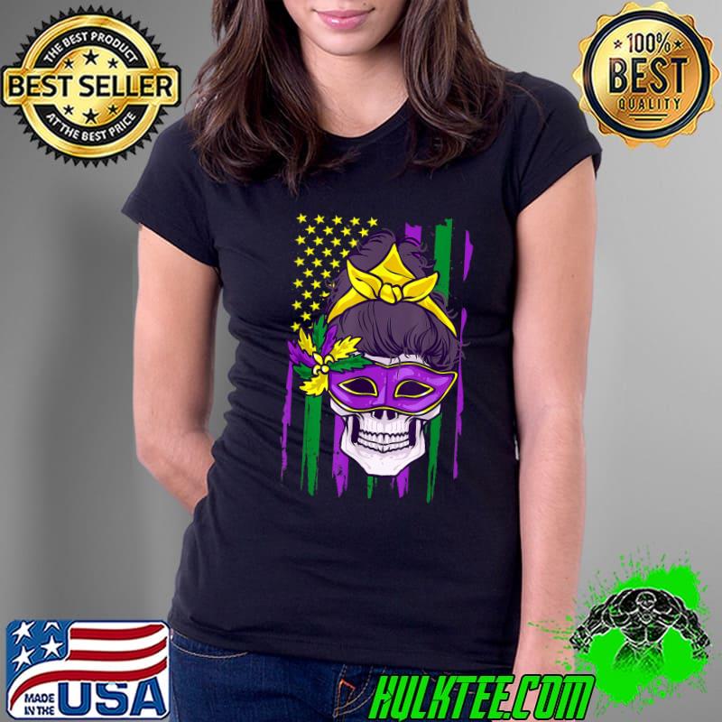 Mardi Gras Masked Messy Bun Mom Skull Colorful American Flag T-Shirt Ladies Tee Mardi Gras Masked Messy Bun Mom Skull Colorful American Flag T-Shirt Ladies Tee