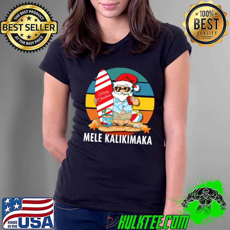 Mele Kalikimaka Santa Surfing Vintage Sunset T-Shirt Ladies Tee Mele Kalikimaka Santa Surfing Vintage Sunset T-Shirt Ladies Tee