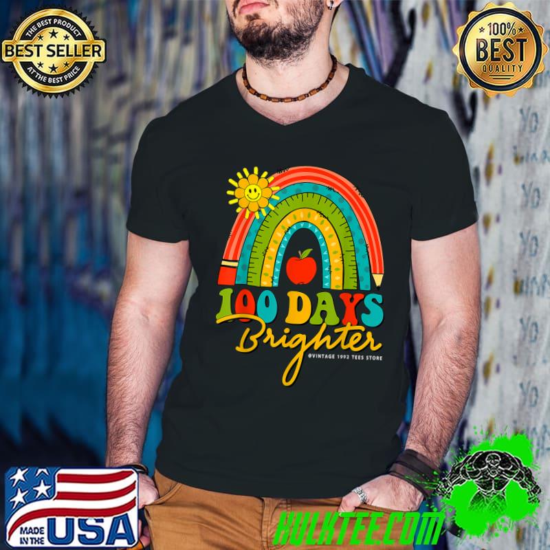 Retro Groovy 100 Days Of School Rainbow 100 Days Brighter Apple Ruler And Pencil T-Shirt