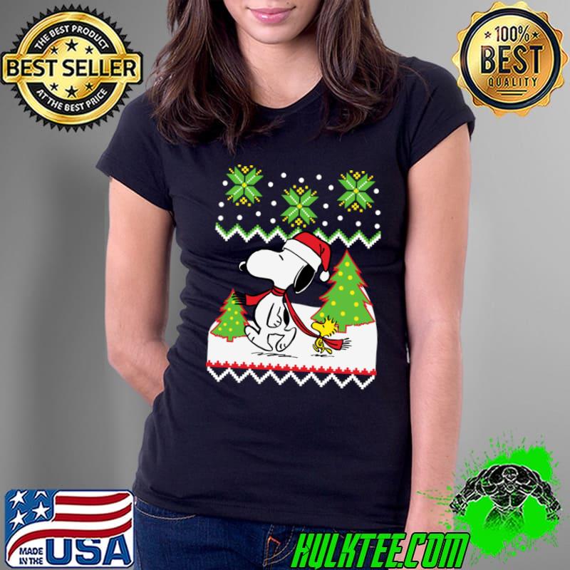 Santa Snow Snoopy And Woodstock Christmas Tree Xmas T-Shirt Ladies Tee Santa Snow Snoopy And Woodstock Christmas Tree Xmas T-Shirt Ladies Tee