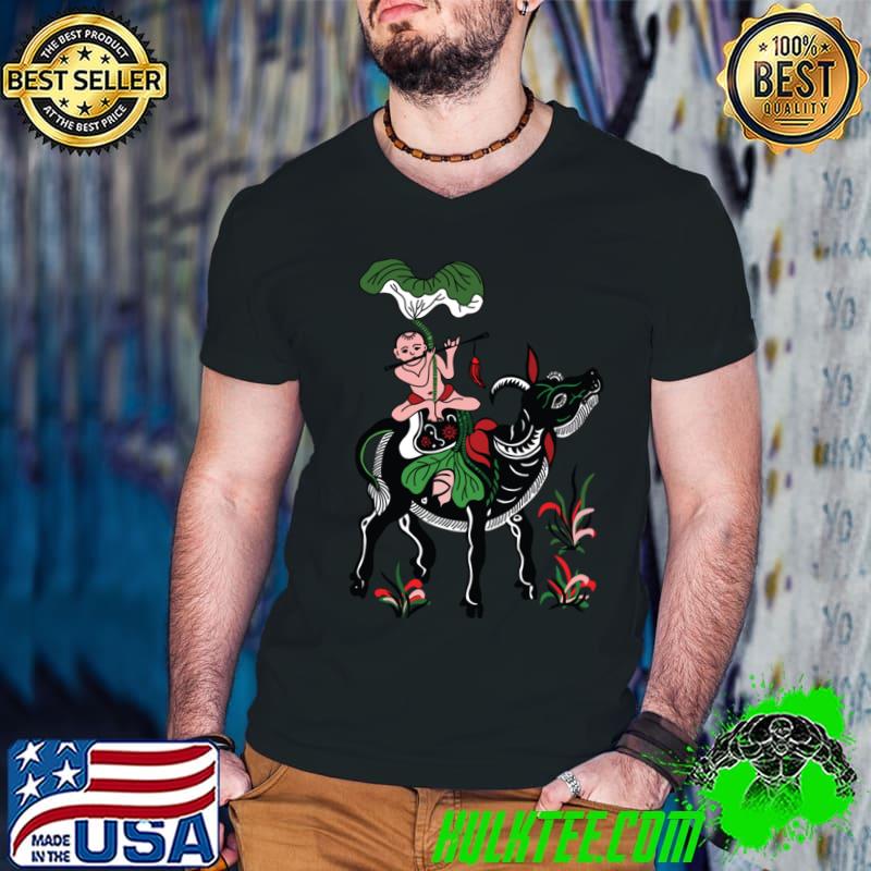 Vietnamese folk art painting little boy sitting on the back of a buffalo T-Shirt