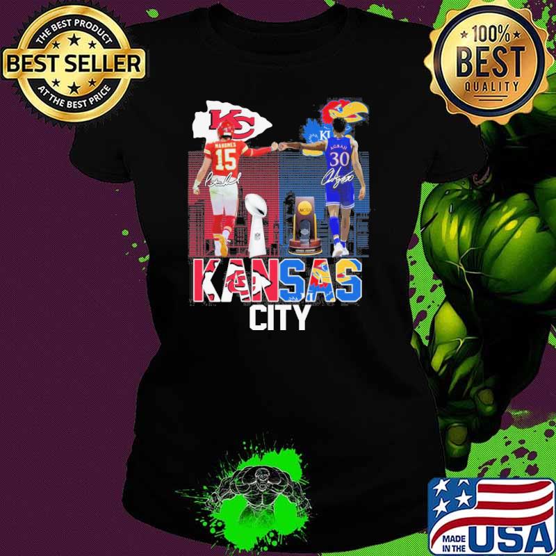 Kansas Chiefs and Kansas basketball cup Mandnes and agbaji signatures s Ladies tee Kansas Chiefs and Kansas basketball cup Mandnes and agbaji signatures s Ladies tee