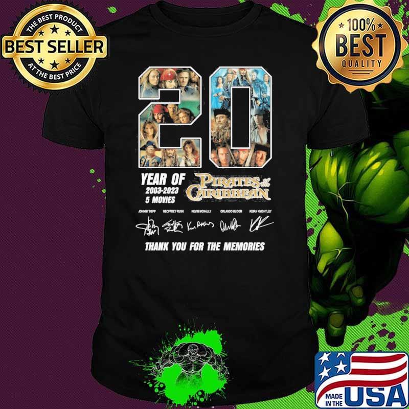20 year of 2003-2023 5 movies Pirates Caribbean thank you for the memories signatures shirt