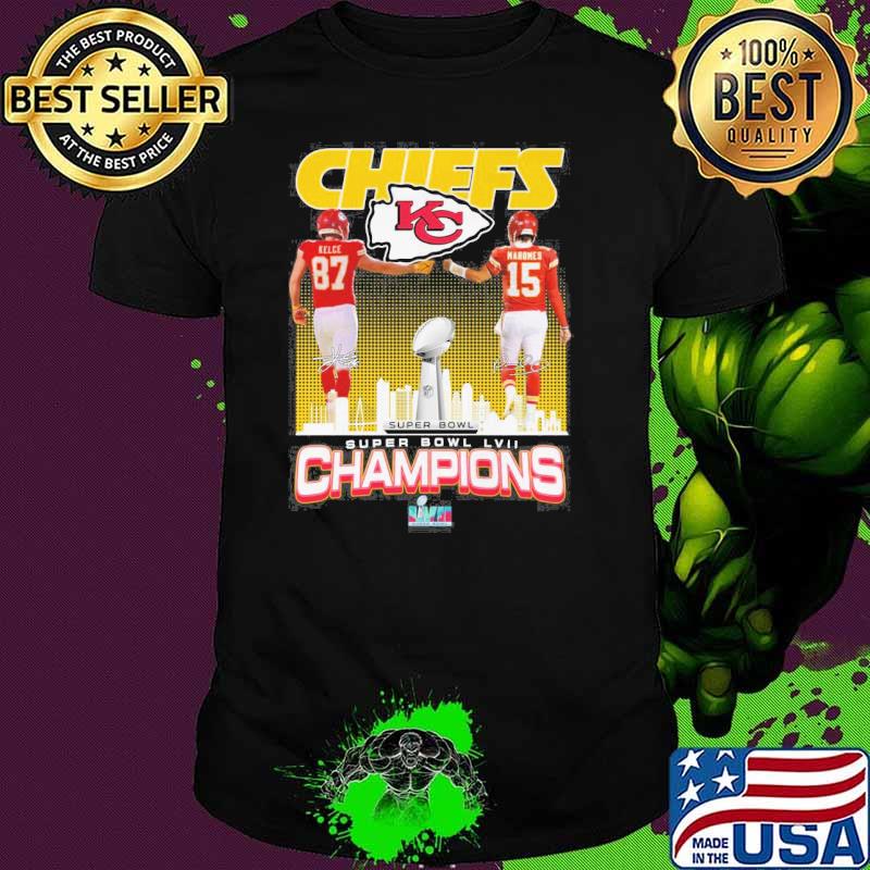 Chiefs super Bowl LVII champions signatures Kelce and Mahomes shirt