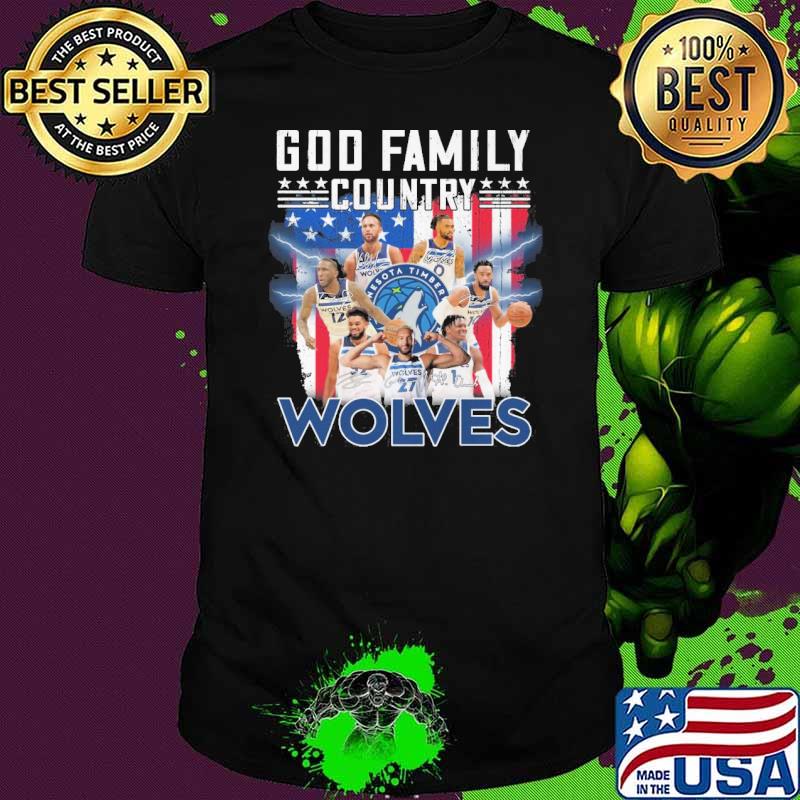 God family country Minnesota timberwolves signatures America flag shirt