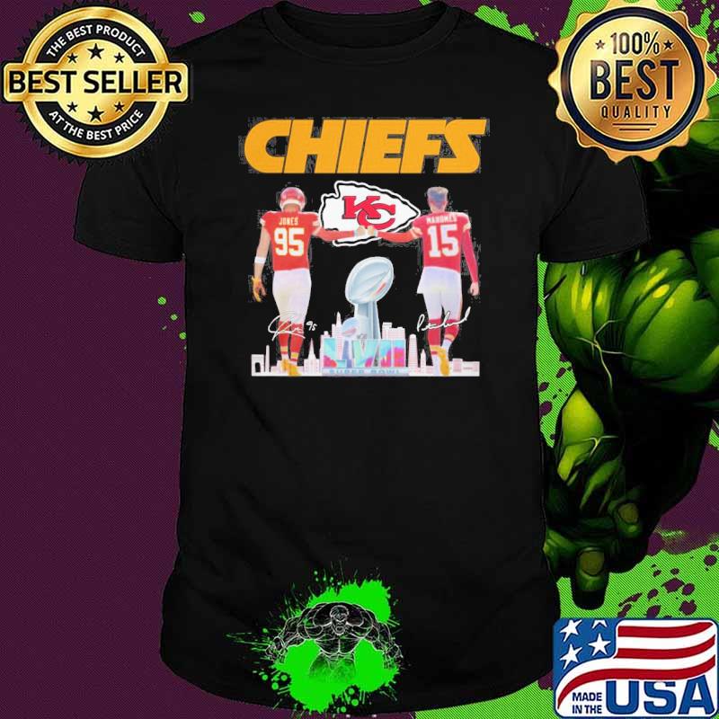 Kansas city Chiefs Jones 95 Mahomes 15 LVII super Bowl signatures shirt