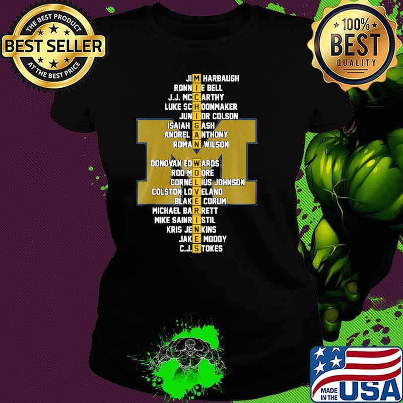 Michigan Wolverines Jim Harbaugh Ronnie Bell J.J. Mccarthy s Ladies tee Michigan Wolverines Jim Harbaugh Ronnie Bell J.J. Mccarthy s Ladies tee