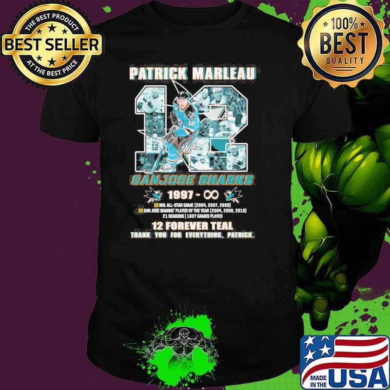 Patrick Marleau Sanjose Sharks 1997 12 forever teal thank you for everything, Patrick signature shirt