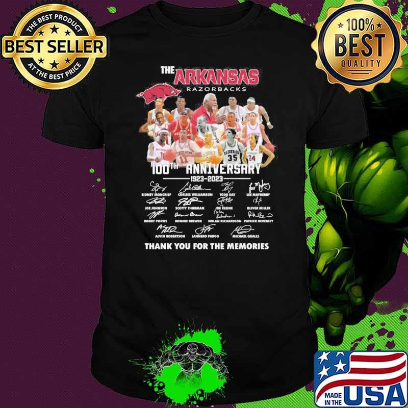 The Arkansas Razorbacks 100th anniversary 1923-2023 thank you for the memories signatures shirt