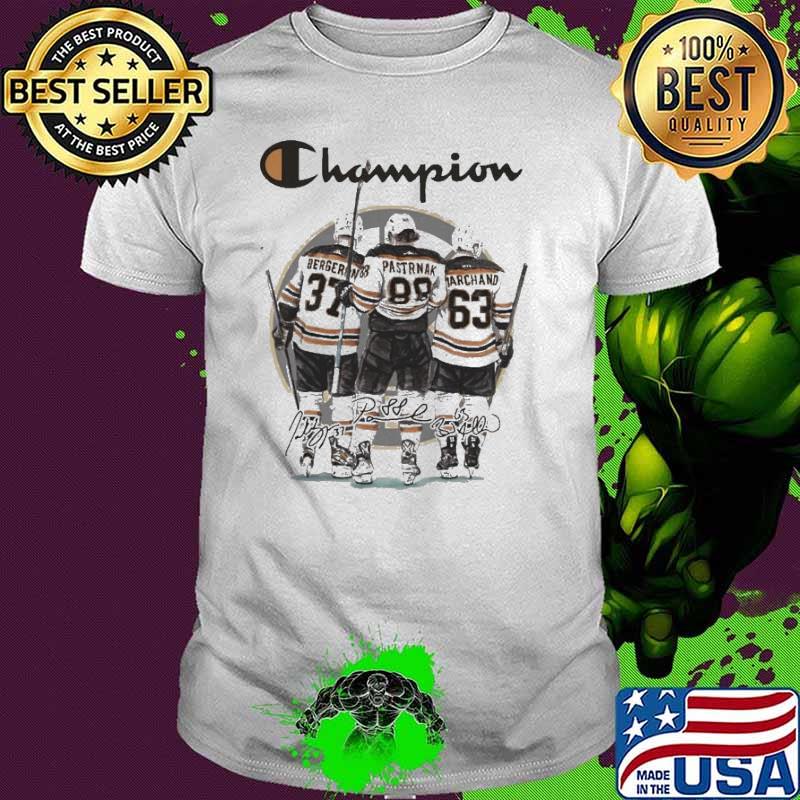 Champion Boston Bruins 37 Bergeron 88 Pastrnak and 63 Marchand signatures sport shirt