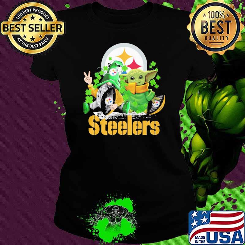 Gnome and Baby yoda hug Steelers St.Patrick's day s Ladies tee Gnome and Baby yoda hug Steelers St.Patrick's day s Ladies tee
