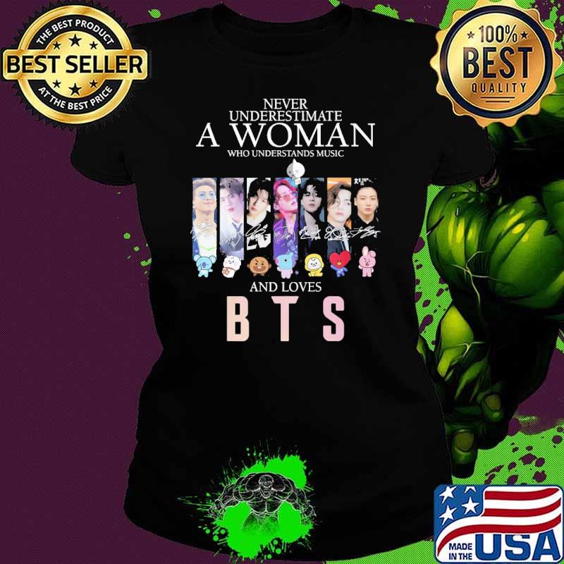 Never underestimate a woman who understands baseball and loves BTS signatures s Ladies tee Never underestimate a woman who understands baseball and loves BTS signatures s Ladies tee