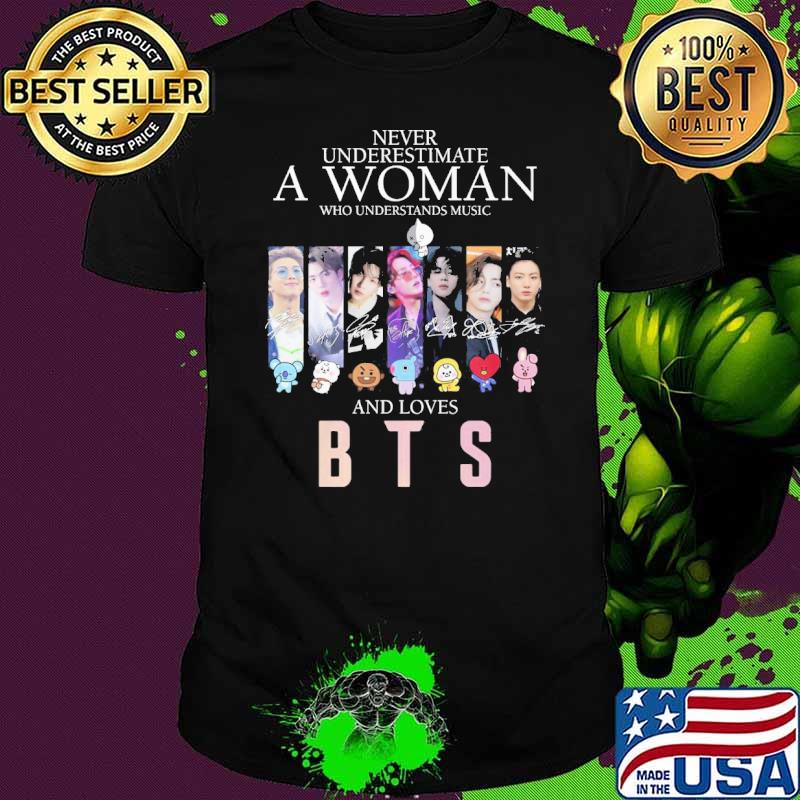 Never underestimate a woman who understands baseball and loves BTS signatures shirt Never underestimate a woman who understands baseball and loves BTS signatures shirt