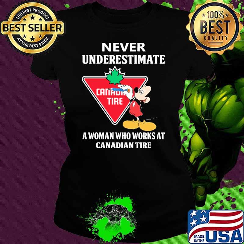 Nice never underestimate Canadian tire a woman who works at Canadian tire Mickey shirt