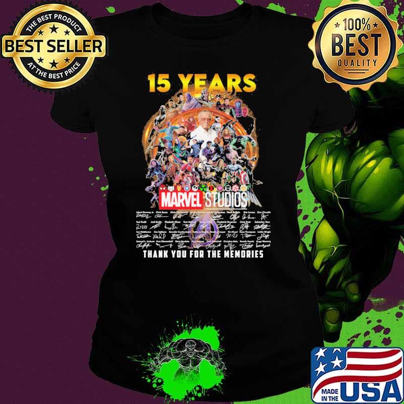 15 years Marvel Studios thank you for the memories signatures s Ladies tee 15 years Marvel Studios thank you for the memories signatures s Ladies tee