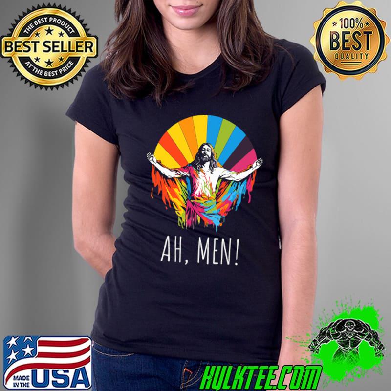 Ah Men Jesus Rainbow Christian LGBT Gay Les Trans Pride T-Shirt