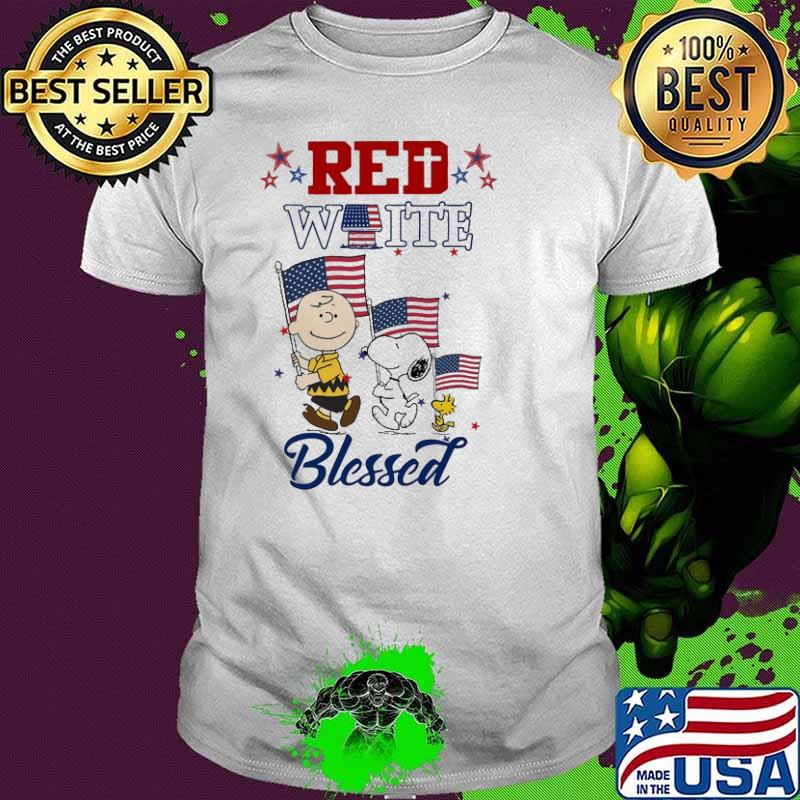 Red white blessed snoopy charlie brown woodstock America flag shirt