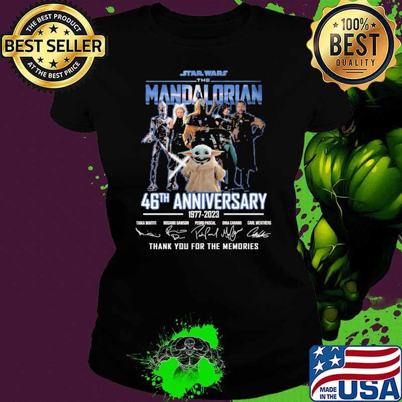 Star Wars the Mandalorian 46th anniversary 1977-2023 thank you for the memories baby yoda signatures s Ladies tee Star Wars the Mandalorian 46th anniversary 1977-2023 thank you for the memories baby yoda signatures s Ladies tee