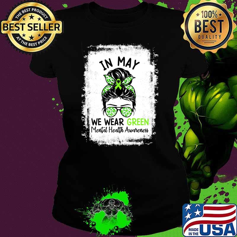 In May We Wear Green Mental Health Awareness Messy Bun Leopard T-Shirt