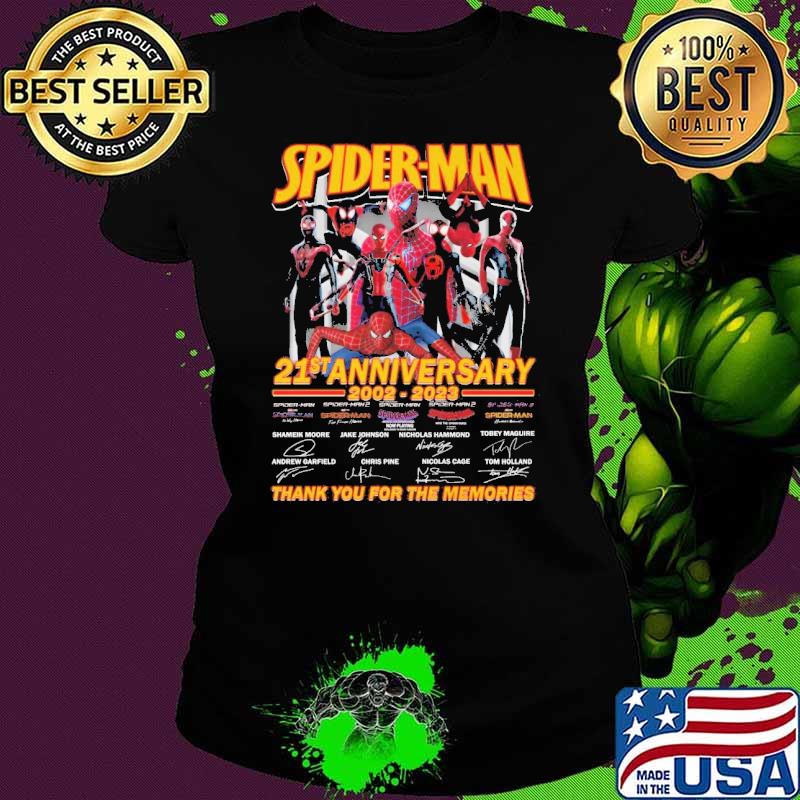 Top spider-man 21st anniversary 2002 2023 thank you for the memory signature shirt