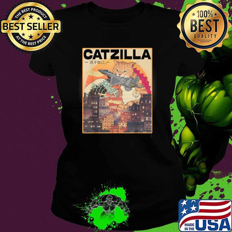 Catzilla Vintage Funny Cute Cat Art Japanese Sunset T-Shirt