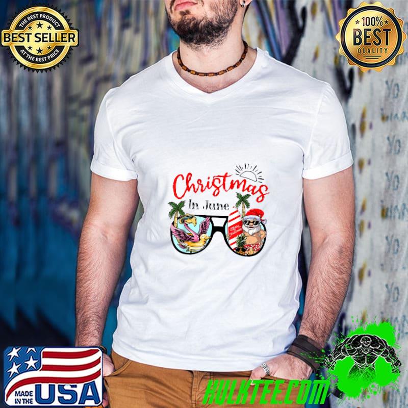 Christmas In June Sunglasses Santa Flamingo Summer Vacation T-Shirt Guys V Neck Christmas In June Sunglasses Santa Flamingo Summer Vacation T-Shirt Guys V Neck