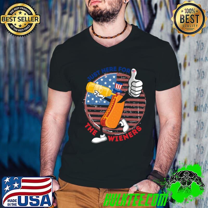 Funny Hot Dog I'm Just Here For The Wieners 4th Of July American flag T-Shirt