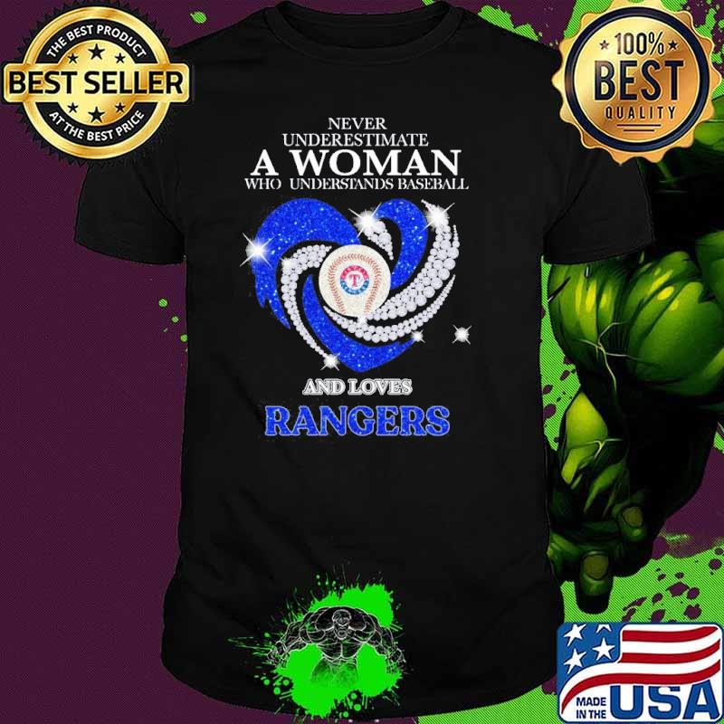 Never underestimate woman baseball loves rangers diamond heart shirt
