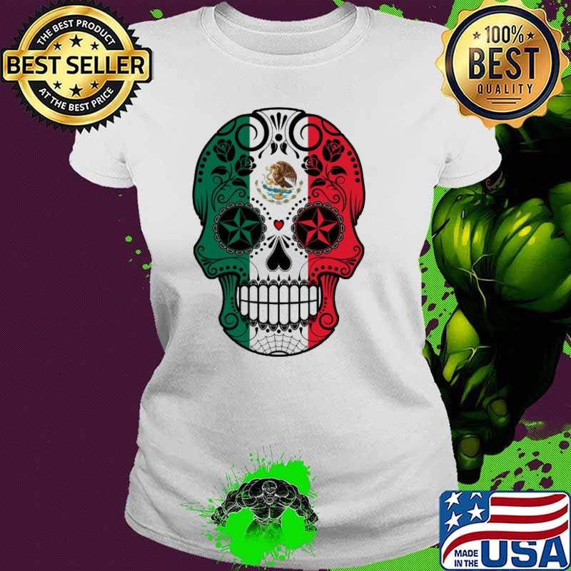 Premium sugar Skull With Roses And Flag Of Mexico Shirt Ladies tee Premium sugar Skull With Roses And Flag Of Mexico Shirt Ladies tee