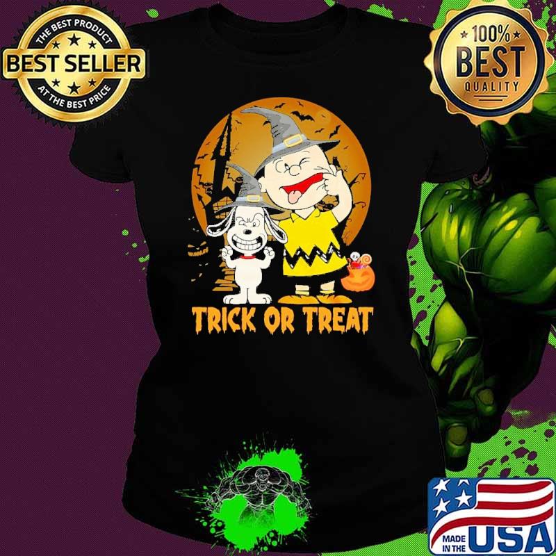 Trick or treat snoopy and charlie brown hat witch halloween shirt
