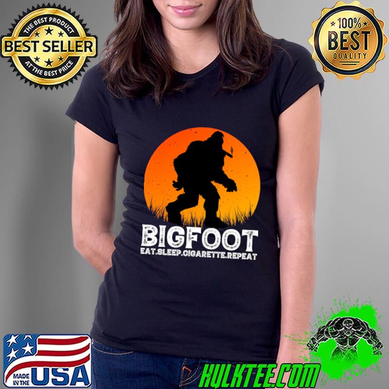 Bigfoot Eat Sleep Cigarette Repeat Sunset T-Shirt Ladies Tee Bigfoot Eat Sleep Cigarette Repeat Sunset T-Shirt Ladies Tee