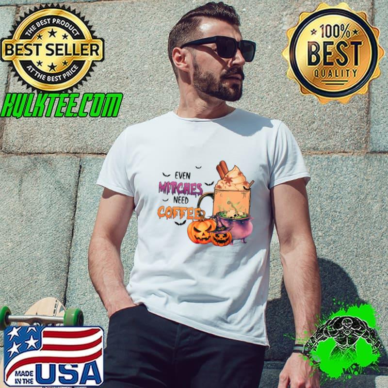 Even Witches Need Coffee Bats Pumpkin Scary Halloween T-Shirt