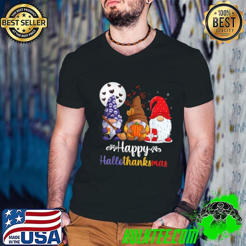 Happy hallothanksmas three gnomes moon pumpkin xmas T-Shirt
