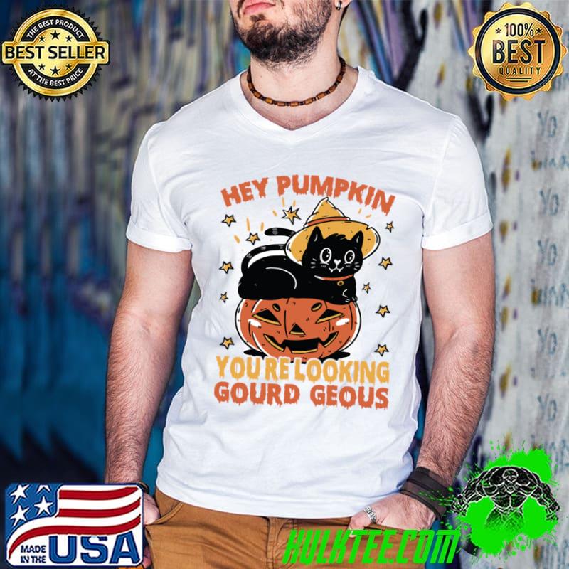 Hey Pumpkin You're Looking Gourd Geous Black Cat Halloween T-Shirt Guys V Neck Hey Pumpkin You're Looking Gourd Geous Black Cat Halloween T-Shirt Guys V Neck