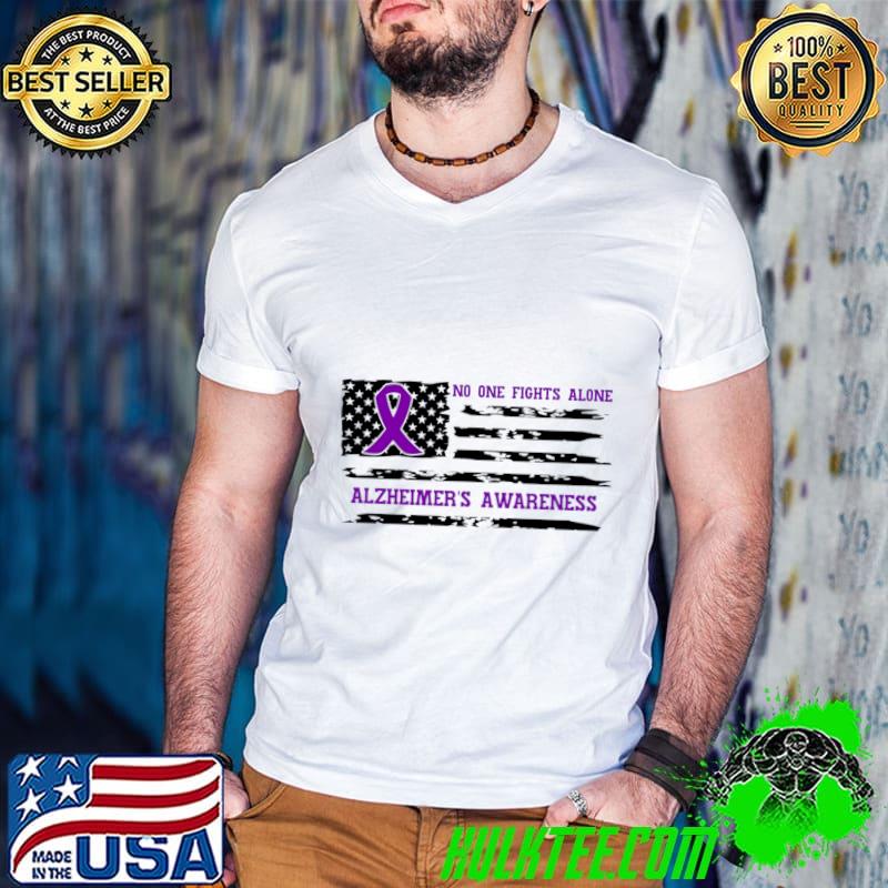 No One Fights Alone Alzheimer's Awareness American Flag T-Shirt Guys V Neck No One Fights Alone Alzheimer's Awareness American Flag T-Shirt Guys V Neck
