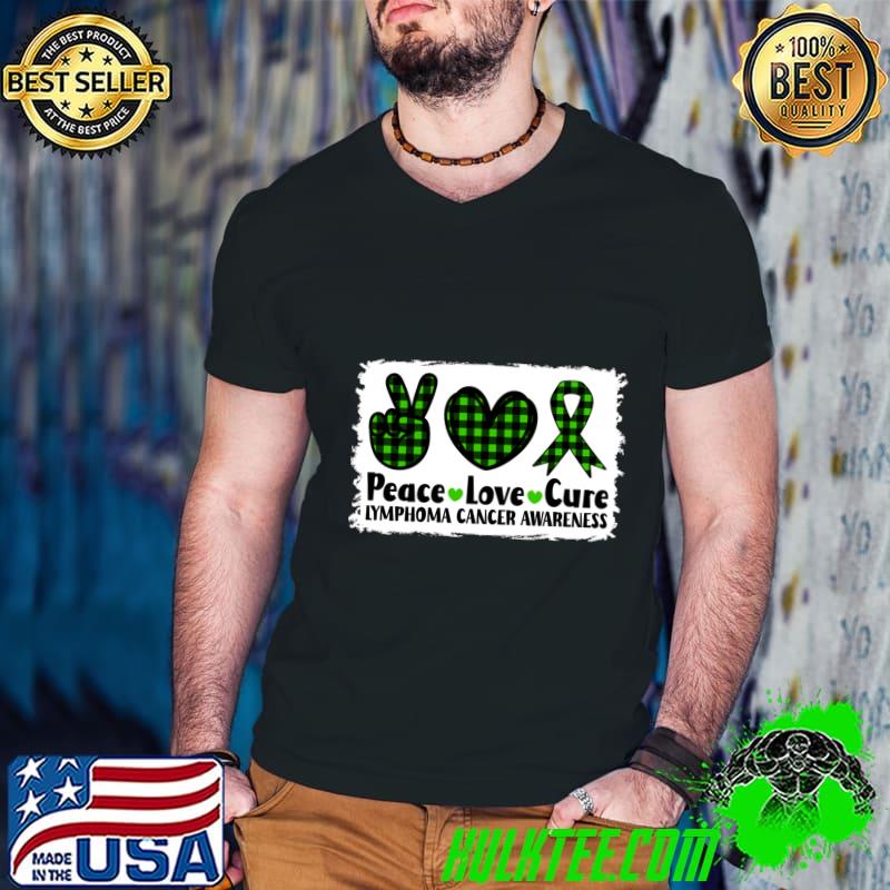 Peace Love Cure Lymphoma Cancer Awareness Green Plaid T-Shirt